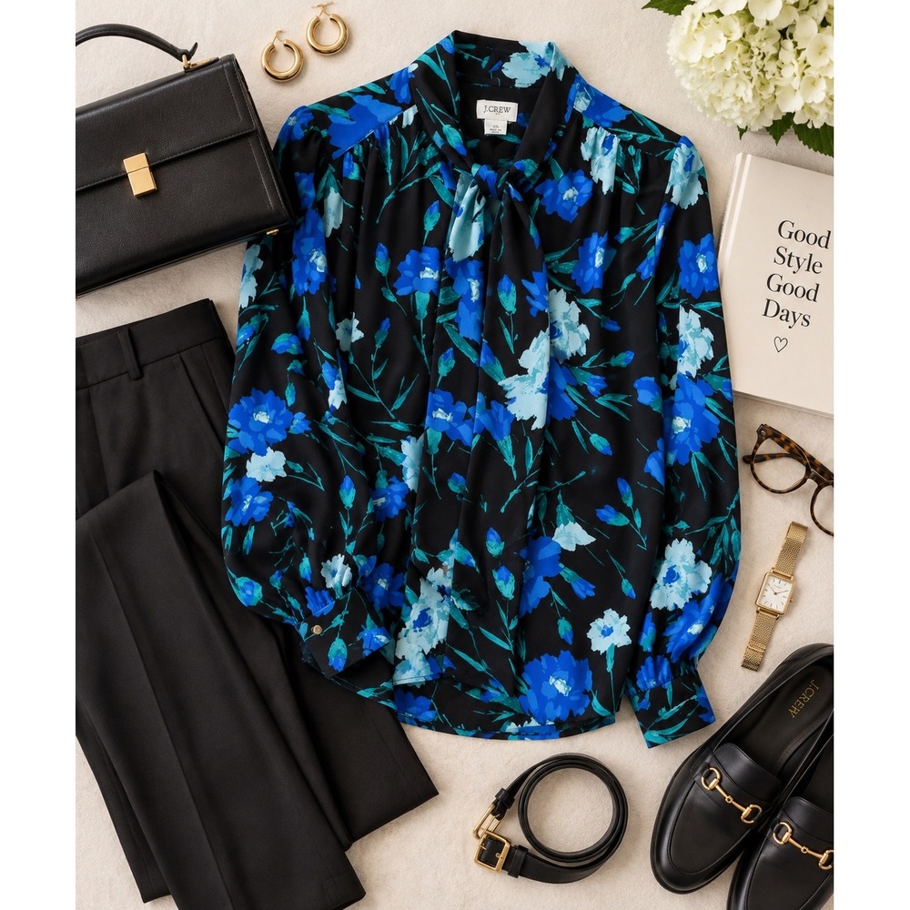J.Crew Tie Neck Blouse Black with‎ Blue Florals Womens XS